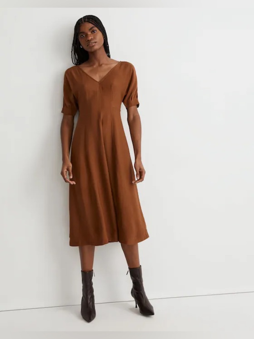 Madewell Solid Brown V-Neck Midi Dress 14